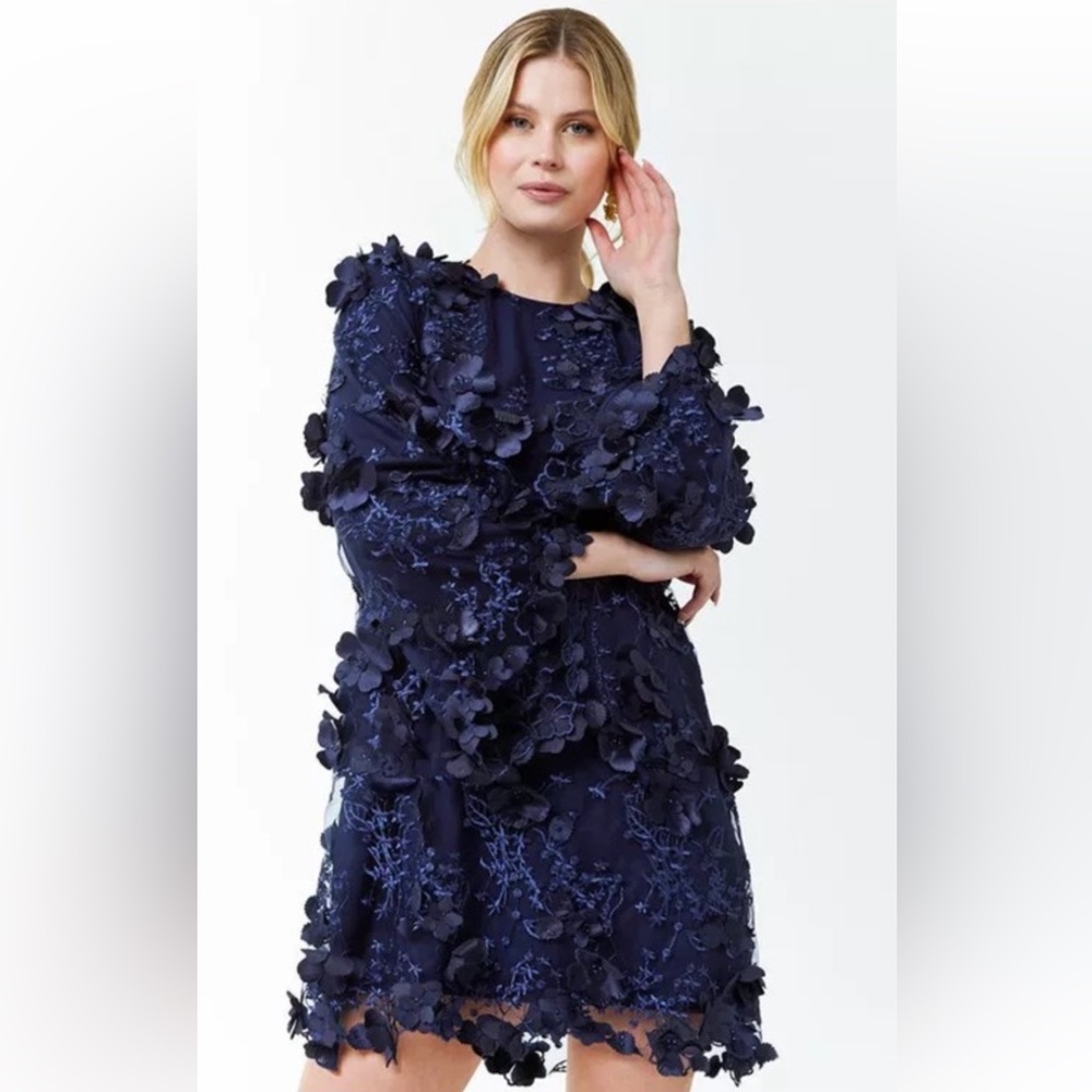 Mestiza Flora 3D Lace Midnight Blue Flare Long Sleeve Mini Dress Size Large